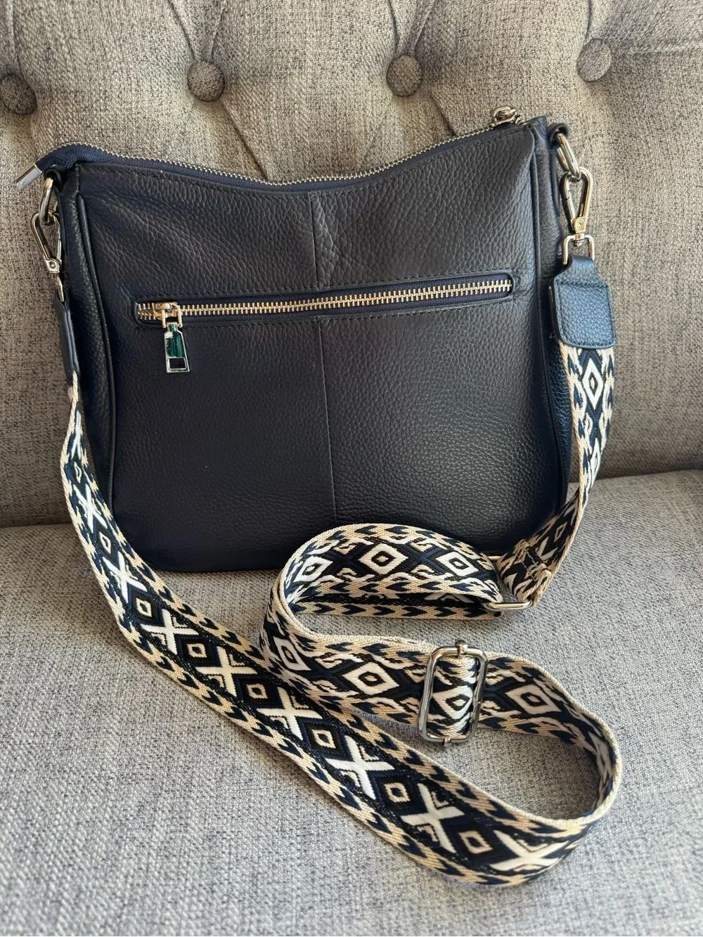 Befen Pebbled Leather Crossbody Bag Adjustable Guitar Strap Zip Purse Navy Blue
